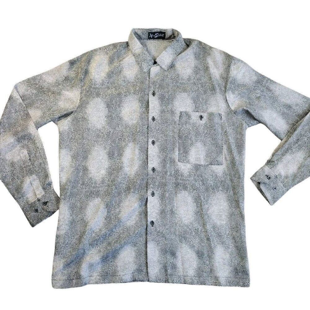 Vintage Alan Stuart Shirt Mens Large Gray Geometric Polyester Button Up Staining